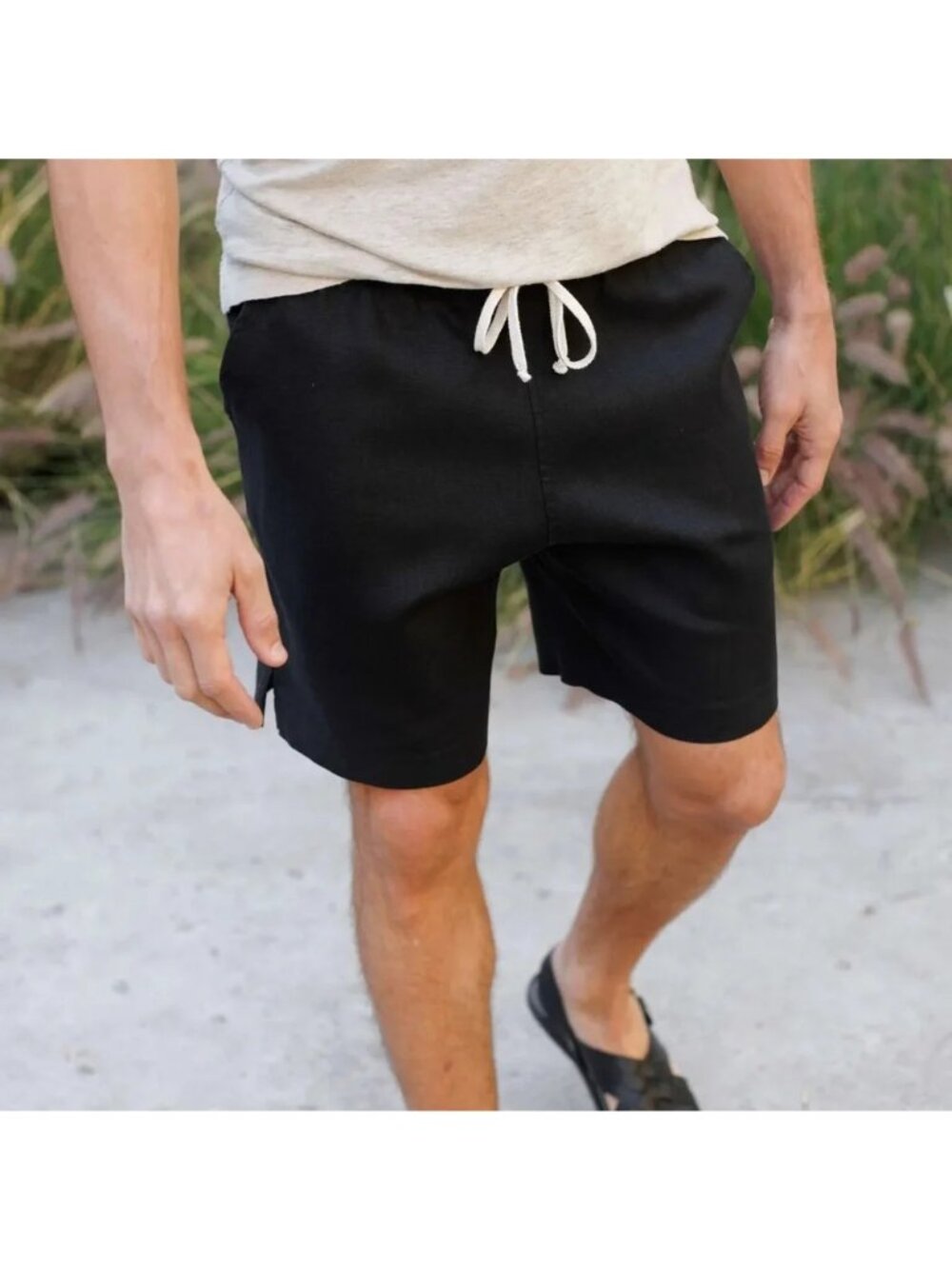 Alex Crane Bo Black Linen Drawstring Shorts Mens Medium